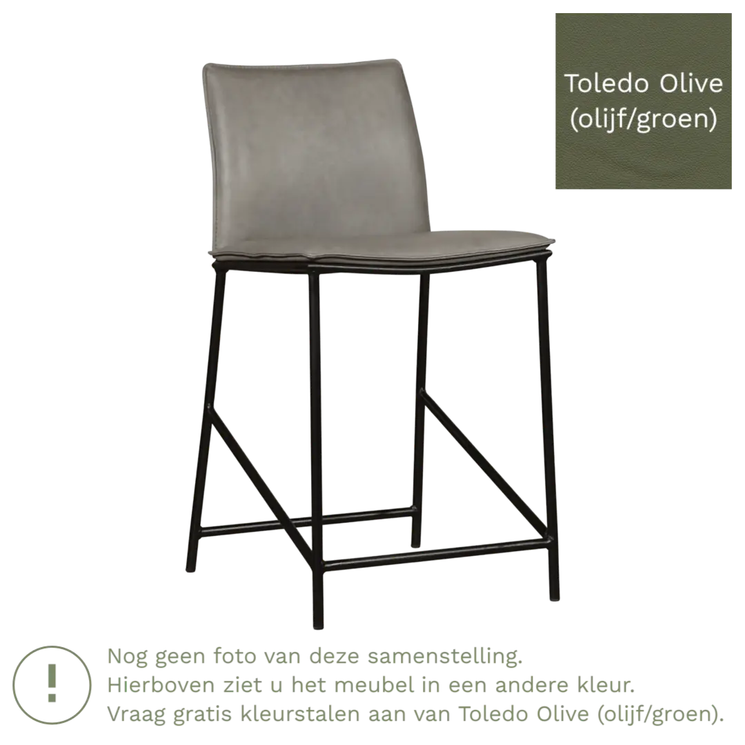 afbeelding van Leren barkruk laag Favor - Toledo Olive (olijf/groen) - poten staal rond zwart